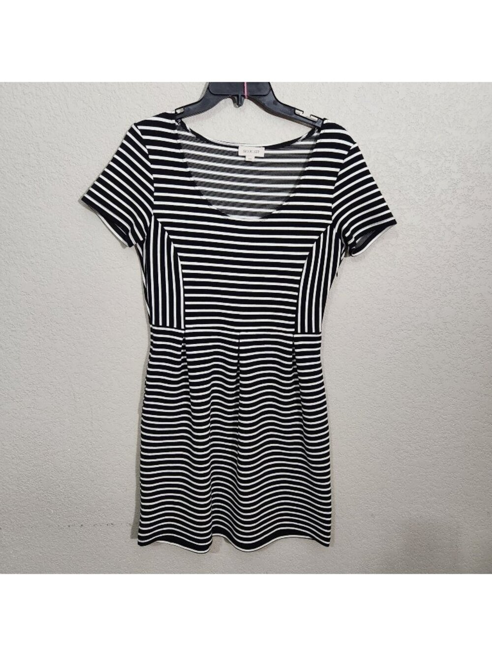 Smart Set Dress Womens Size S Petite Striped Short-Sleeve Fit Flare Black White